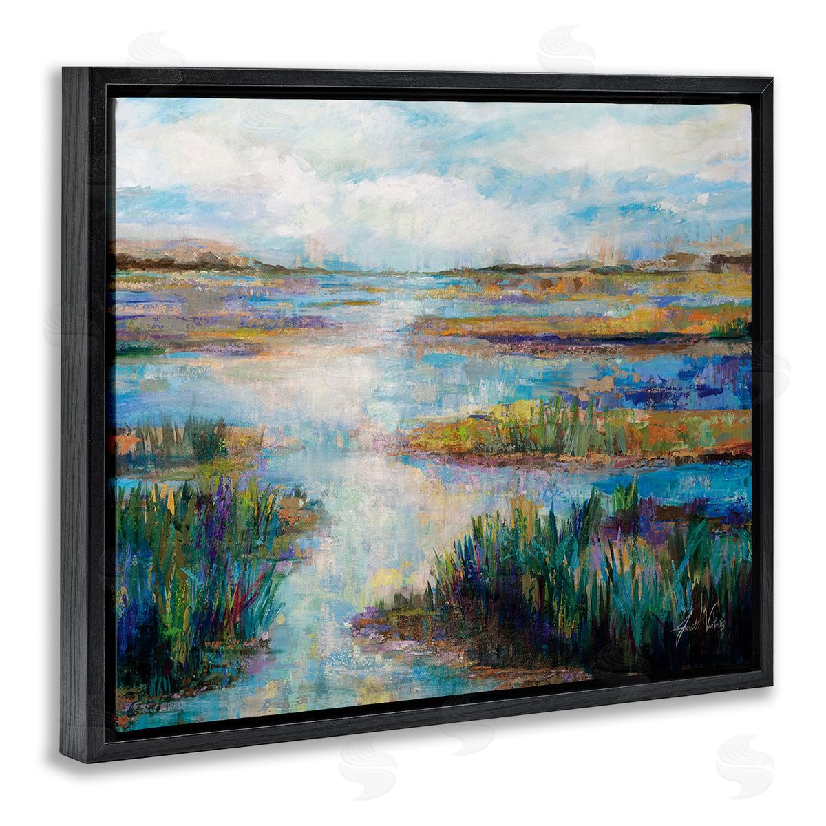 Jeanette Vertentes Modern River Scenery Black Floating Frame Canvas Wall Art Print