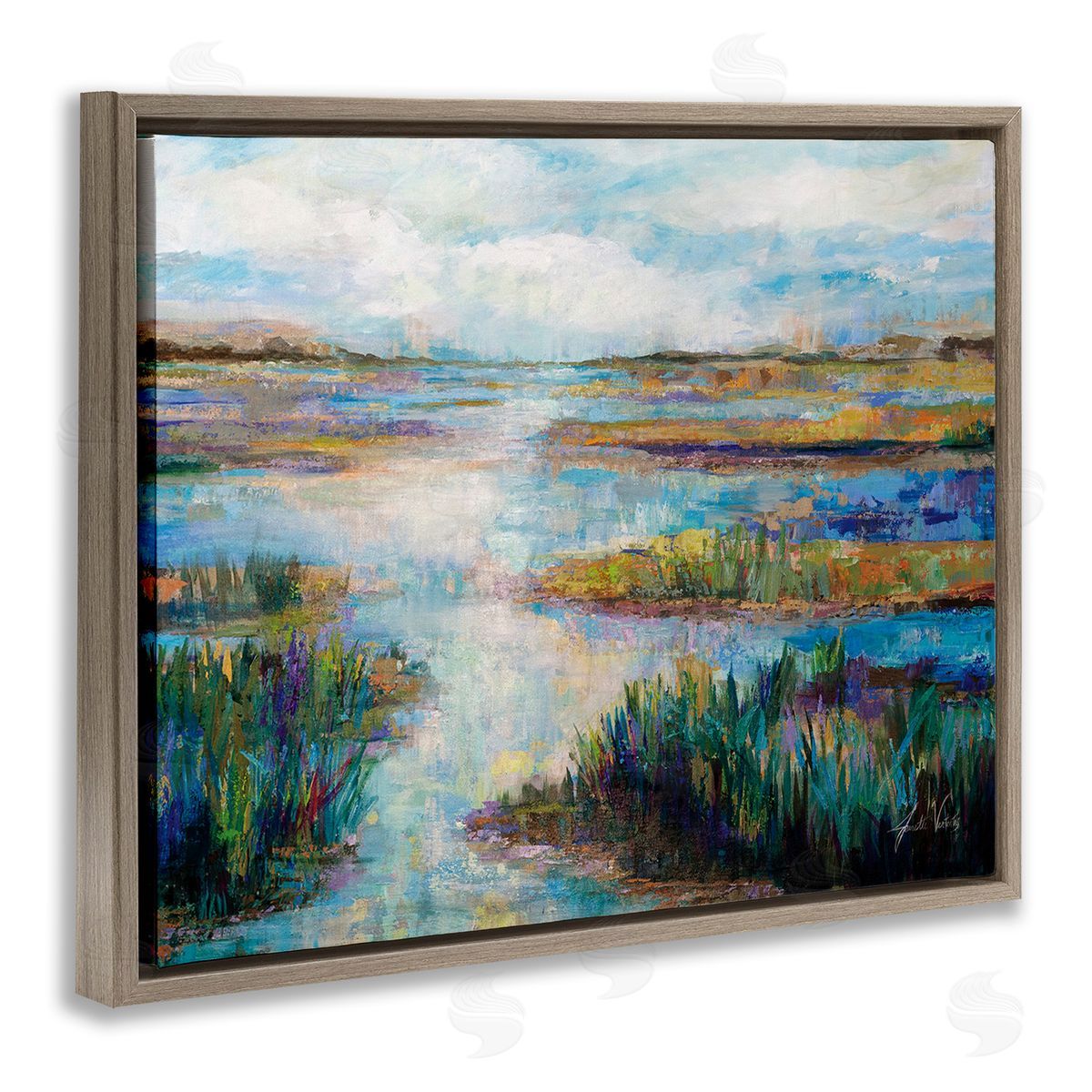 Jeanette Vertentes Modern River Scenery Brown Floating Frame Canvas Wall Art Print