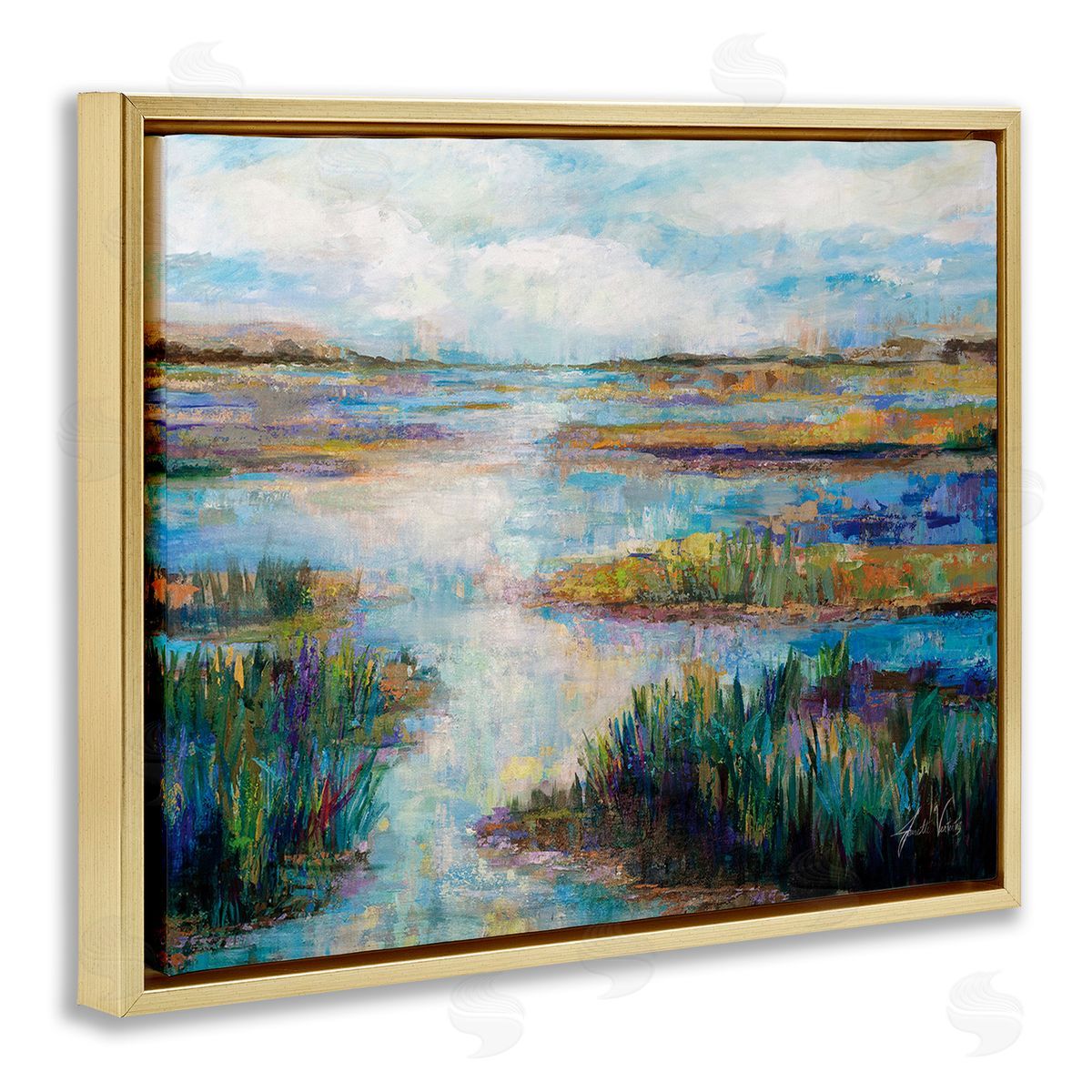 Jeanette Vertentes Modern River Scenery Gold Floating Frame Canvas Wall Art Print