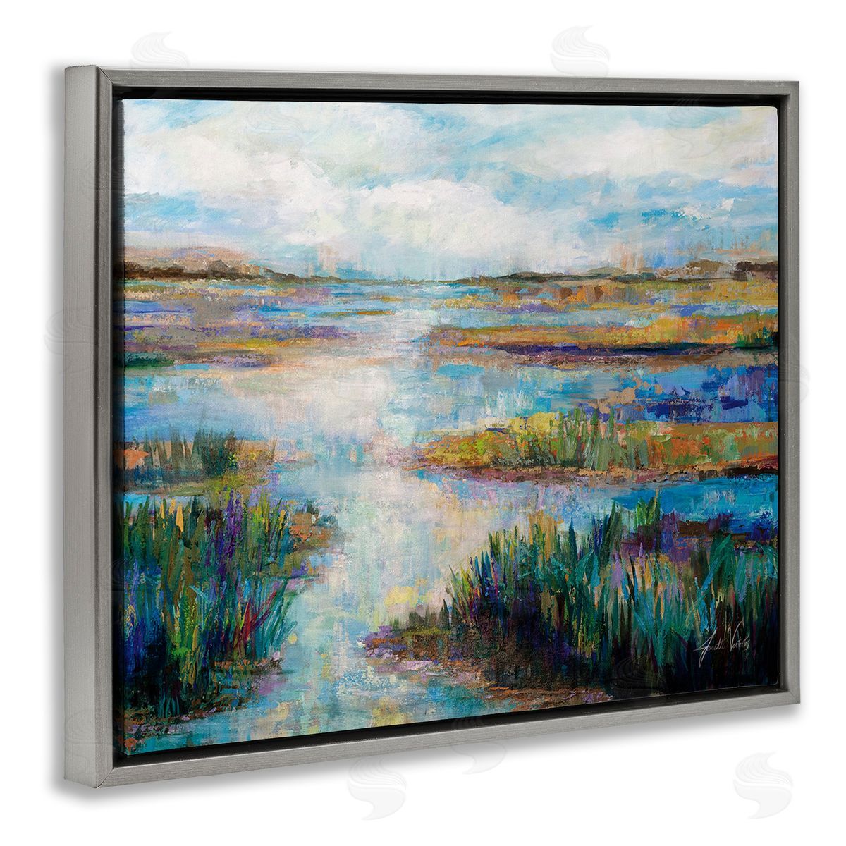 Jeanette Vertentes Modern River Scenery Gray Floating Frame Canvas Wall Art Print
