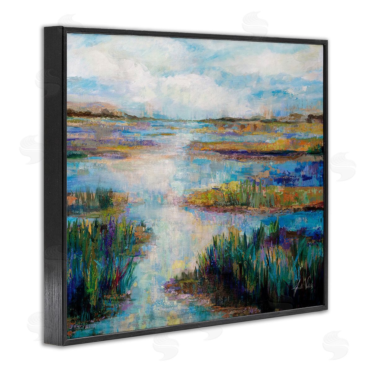 Jeanette Vertentes Modern River Scenery Black Framed Giclee Wall Art Print