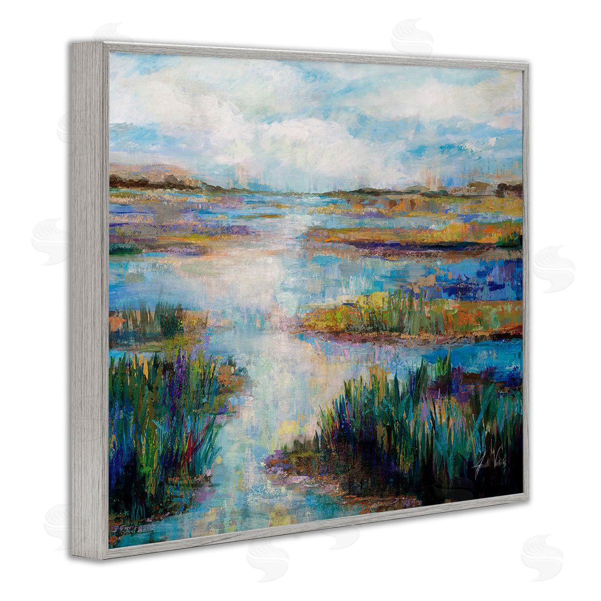 Jeanette Vertentes Modern River Scenery Gray Framed Giclee Wall Art Print