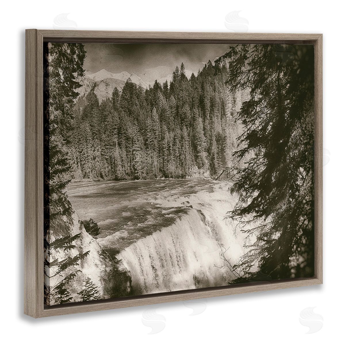 Nathan Larson Woodland Waterfall Photography Brown Floating Frame Canvas Wall Art Print