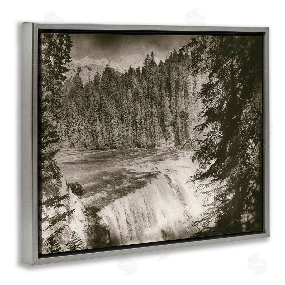 Nathan Larson Woodland Waterfall Photography Gray Floating Frame Canvas Wall Art Print