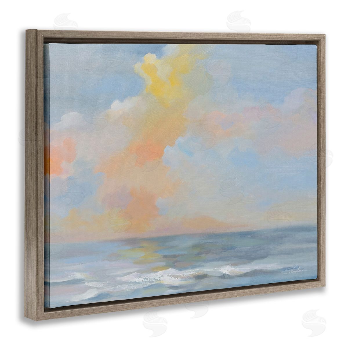 Silvia Vassileva Sea & Pastel Clouds Brown Floating Frame Canvas Wall Art Print