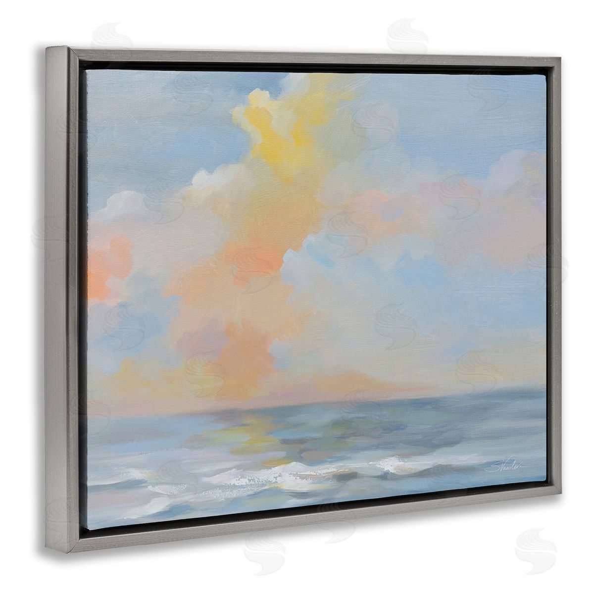 Silvia Vassileva Sea & Pastel Clouds Gray Floating Frame Canvas Wall Art Print