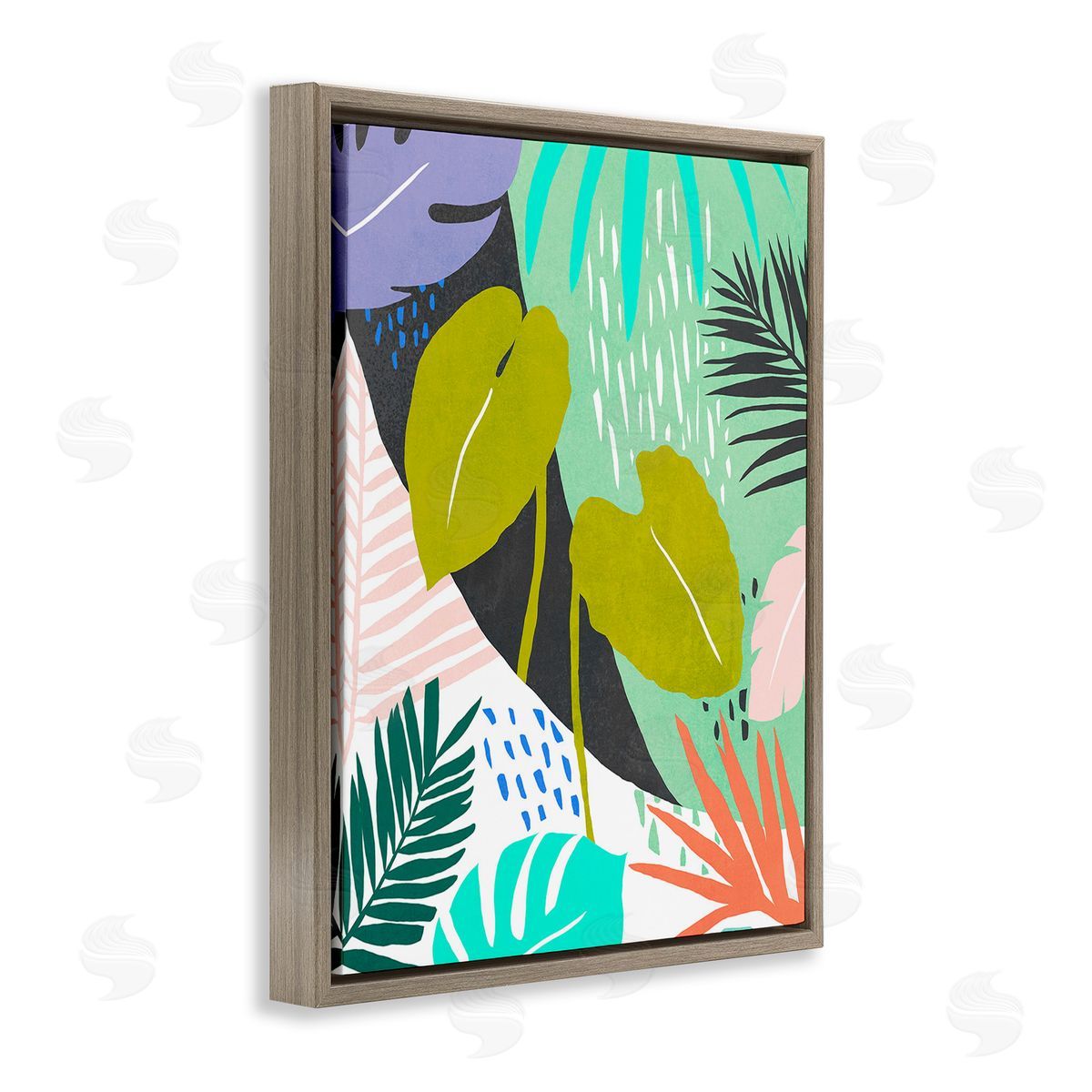 Annie Warren Tropical Leaf Pattern Brown Floating Frame Canvas Wall Art Print