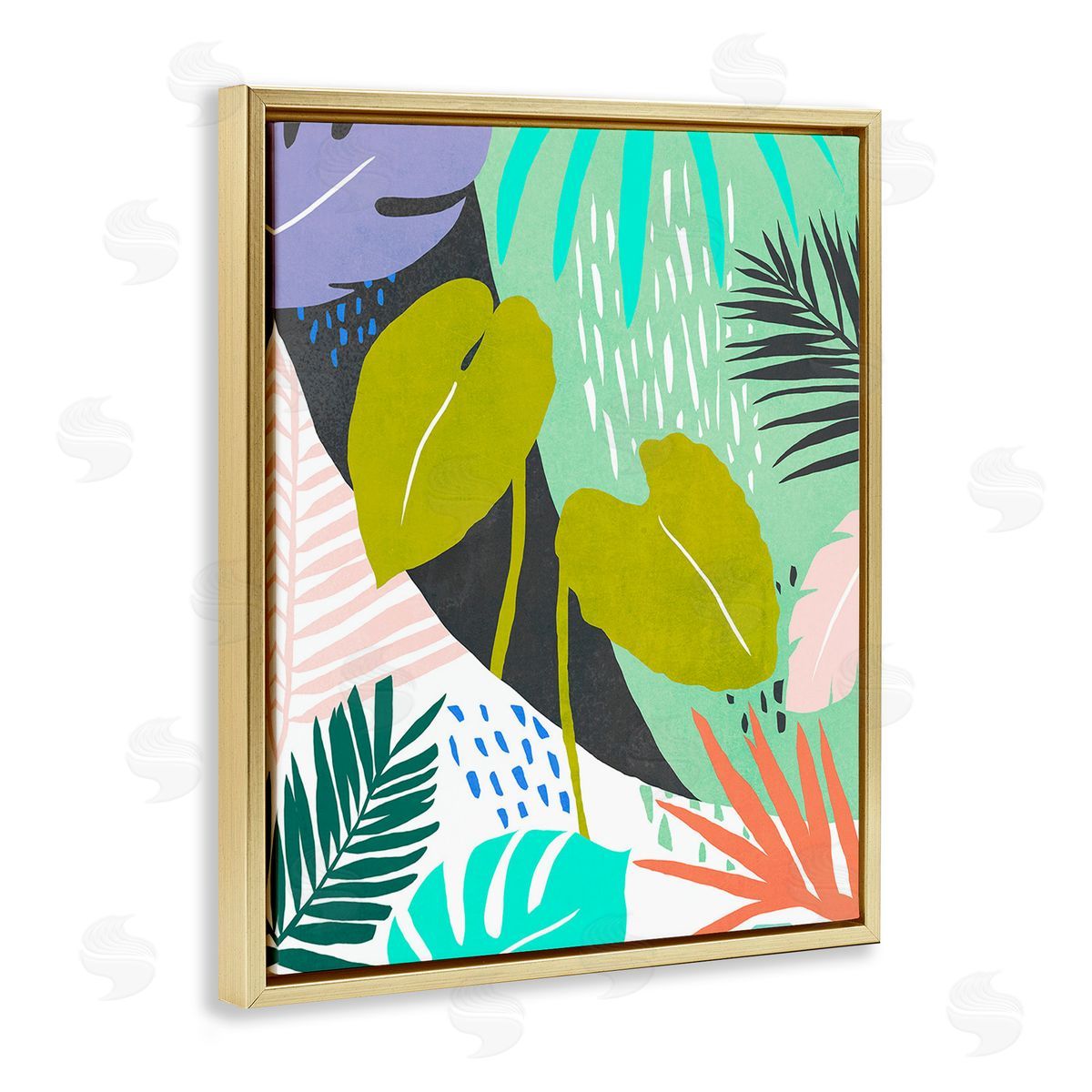 Annie Warren Tropical Leaf Pattern Gold Floating Frame Canvas Wall Art Print