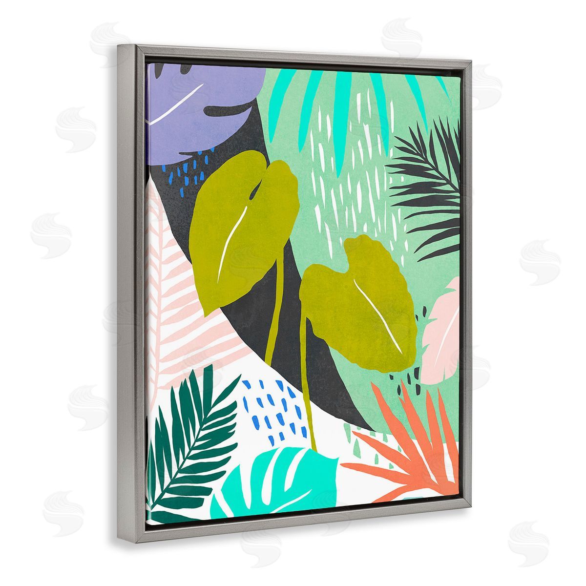 Annie Warren Tropical Leaf Pattern Gray Floating Frame Canvas Wall Art Print