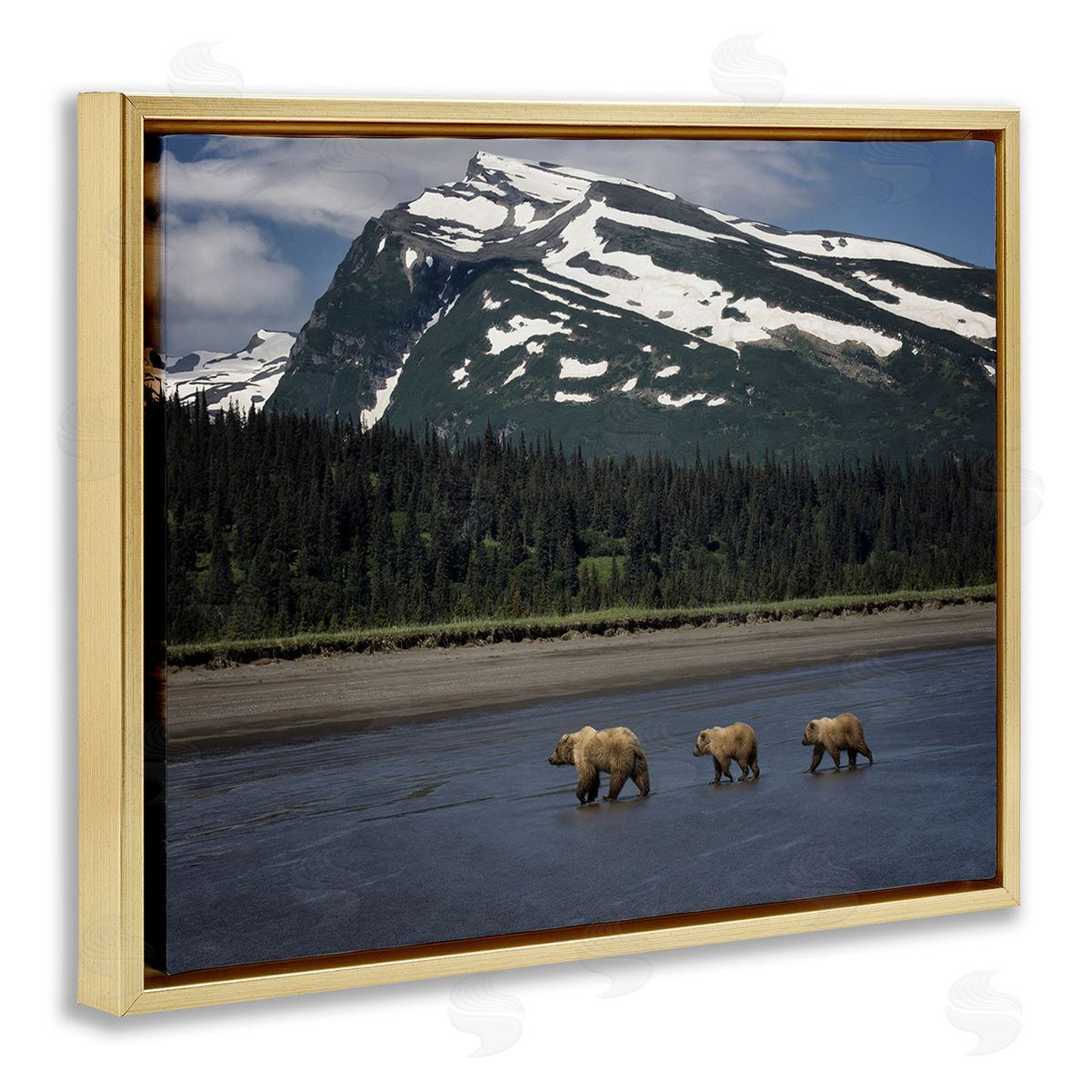 PH Burchett Bears Crossing Icy River Gold Floating Frame Canvas Wall Art Print