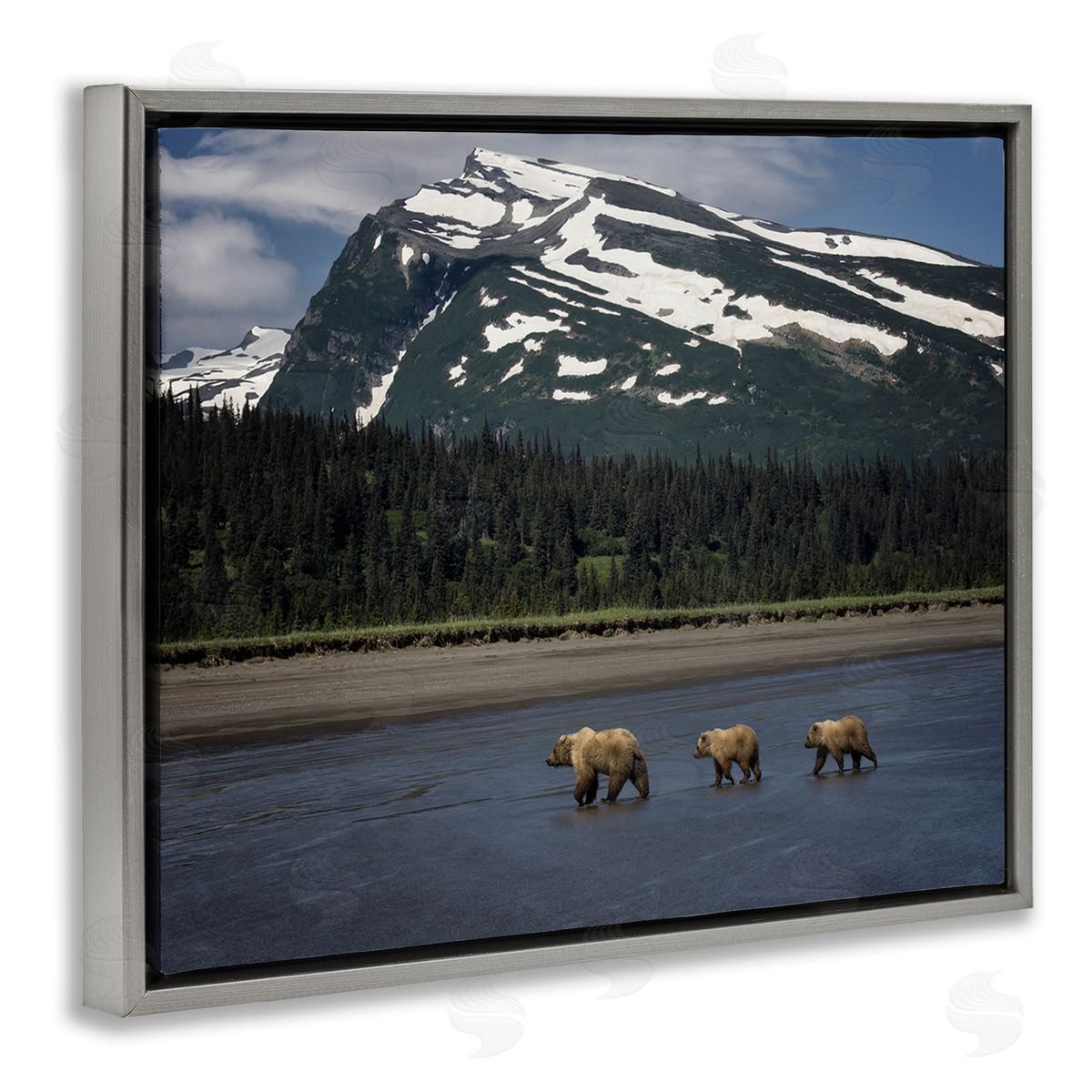PH Burchett Bears Crossing Icy River Gray Floating Frame Canvas Wall Art Print