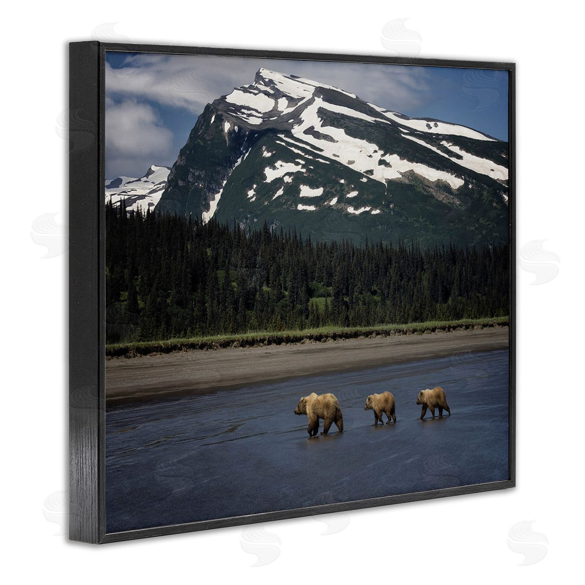 PH Burchett Bears Crossing Icy River Black Framed Giclee Wall Art Print