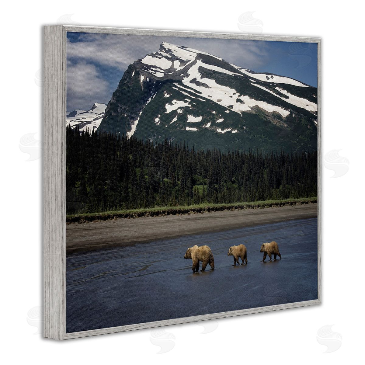 PH Burchett Bears Crossing Icy River Gray Framed Giclee Wall Art Print
