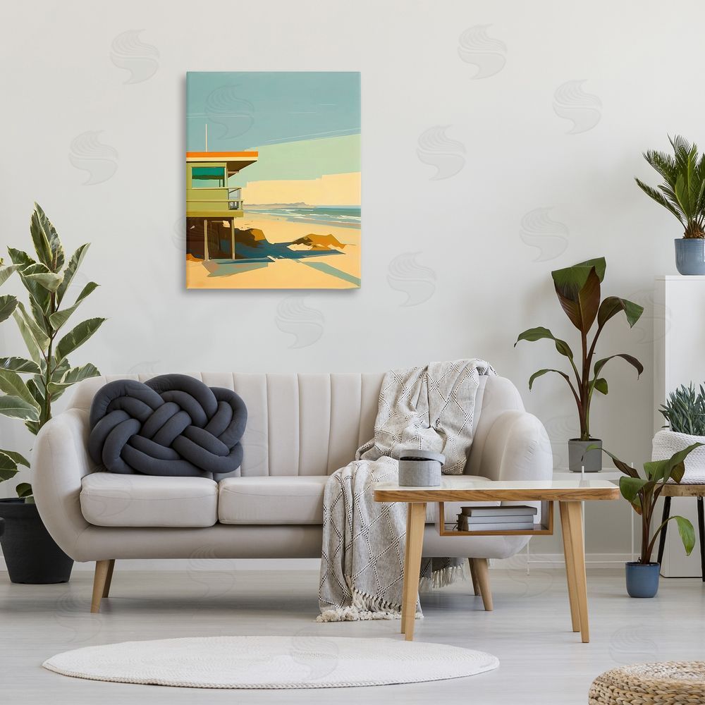 Walker Noble Modern Sunlit Beach Hut Canvas Wall Art Print in Room