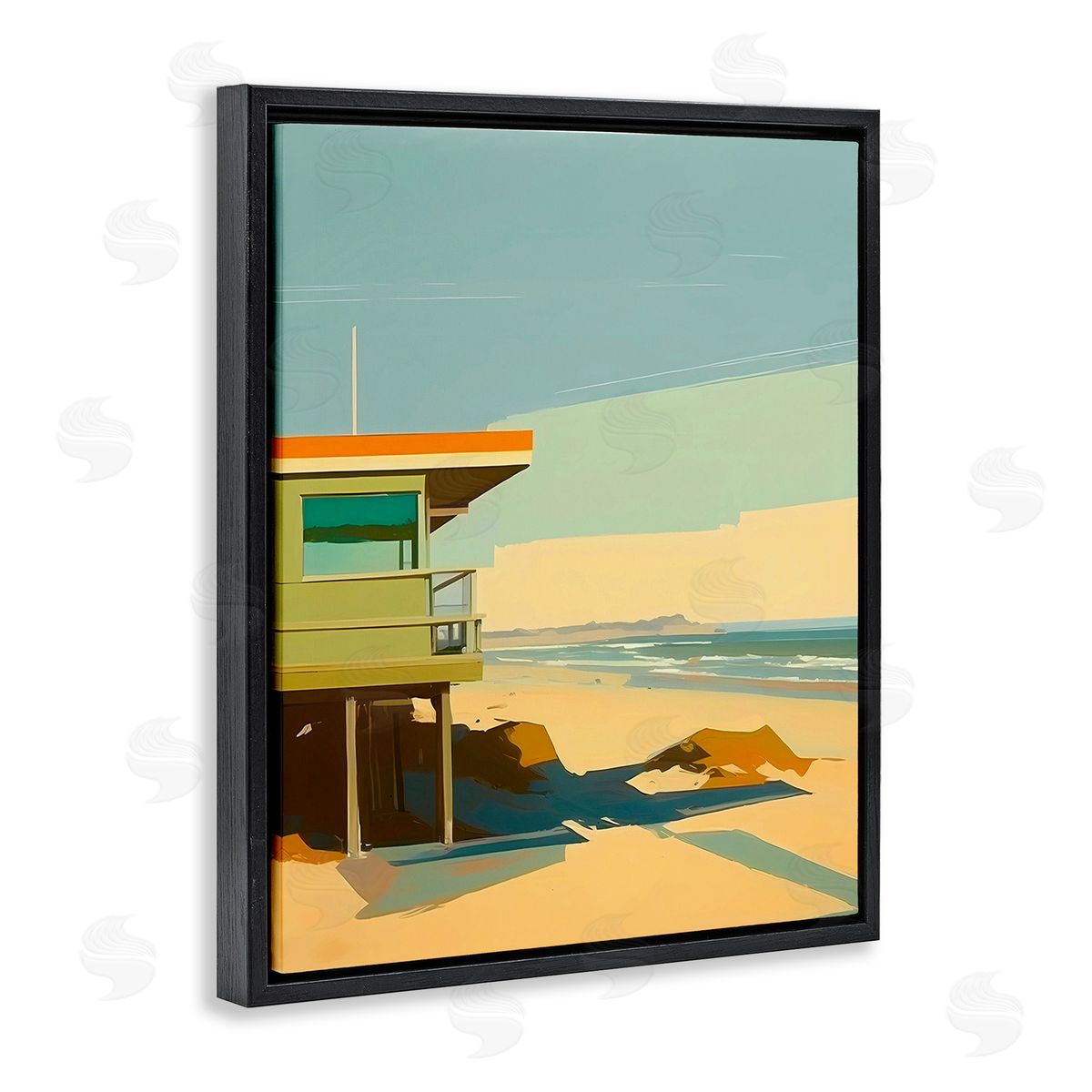 Walker Noble Modern Sunlit Beach Hut Black Floating Frame Canvas Wall Art Print