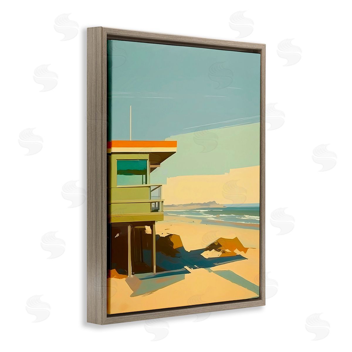 Walker Noble Modern Sunlit Beach Hut Brown Floating Frame Canvas Wall Art Print