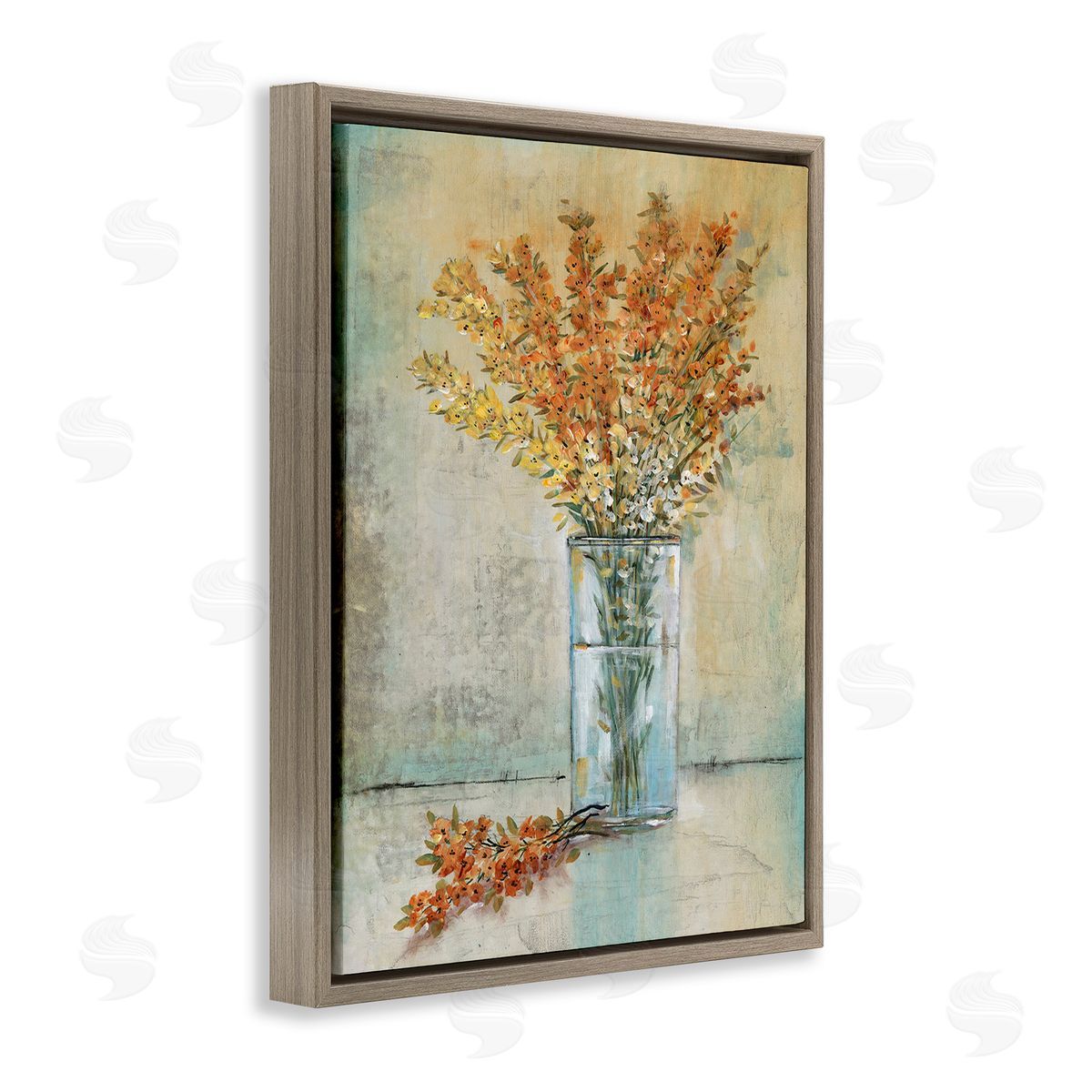 Tim O'Toole Orange Sprigs in Vase Brown Floating Frame Canvas Wall Art Print