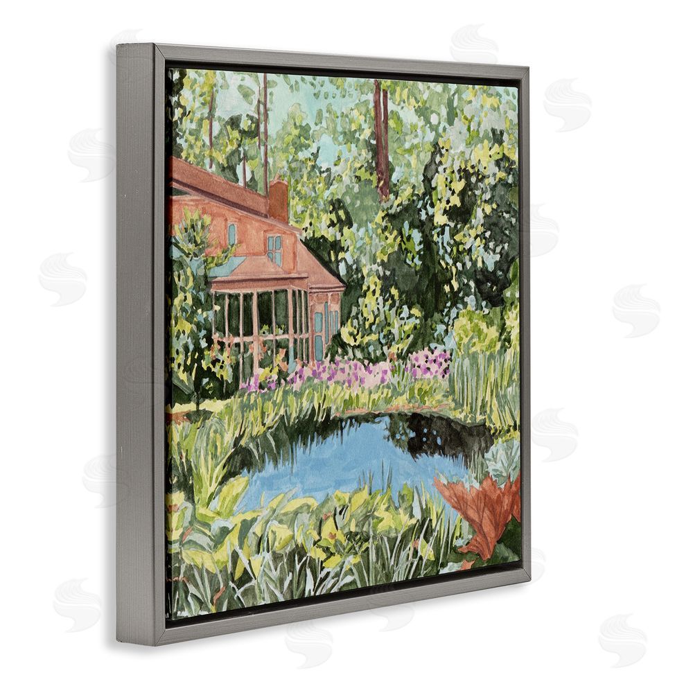 Melissa Wang Cottage with Backyard Pond Gray Floating Frame Canvas Wall Art Print