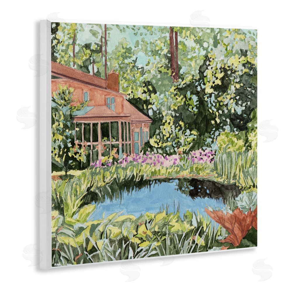 Melissa Wang Cottage with Backyard Pond Wooden Wall Plaque Art Print