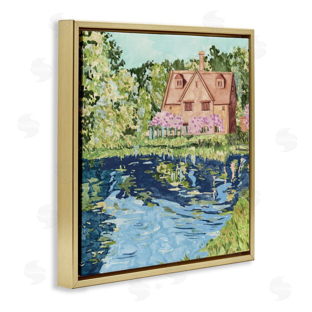 Melissa Wang Country Cottage & Pond Gold Floating Frame Canvas Wall Art Print