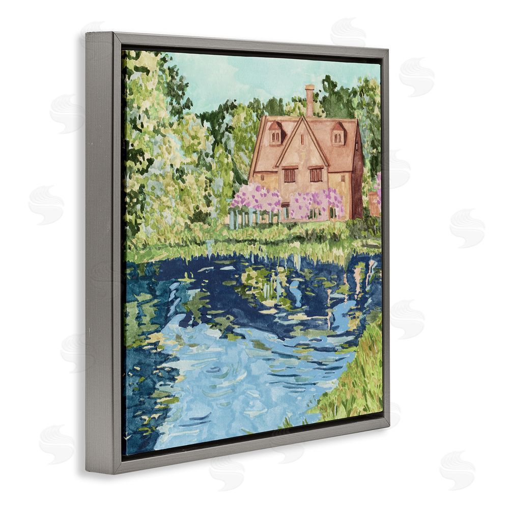 Melissa Wang Country Cottage & Pond Gray Floating Frame Canvas Wall Art Print