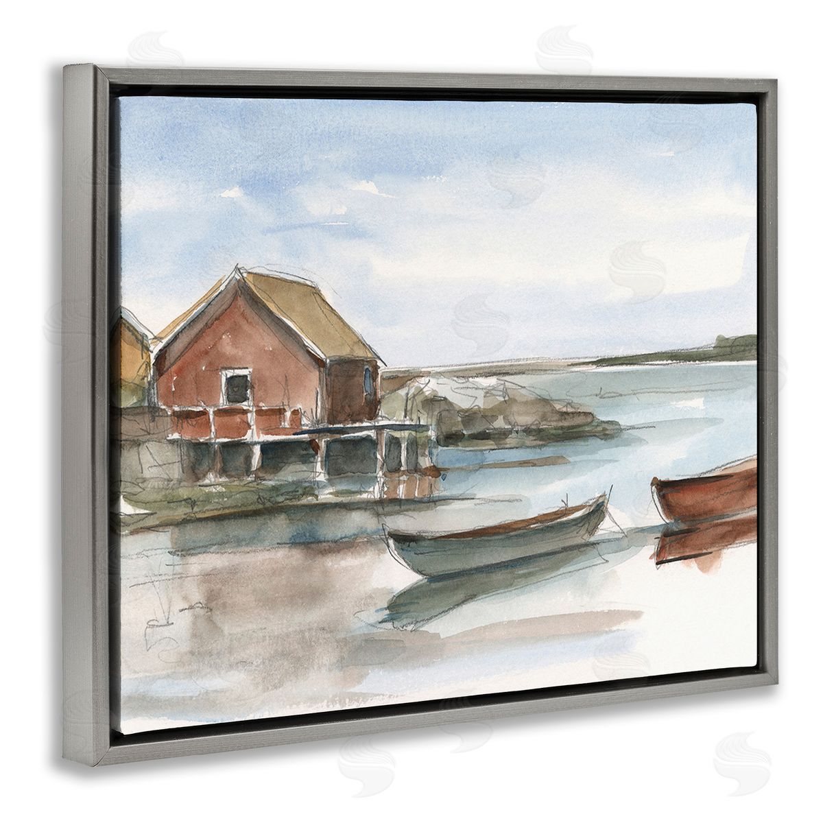 Ethan Harper Rowboats on Shore Gray Floating Frame Canvas Wall Art Print