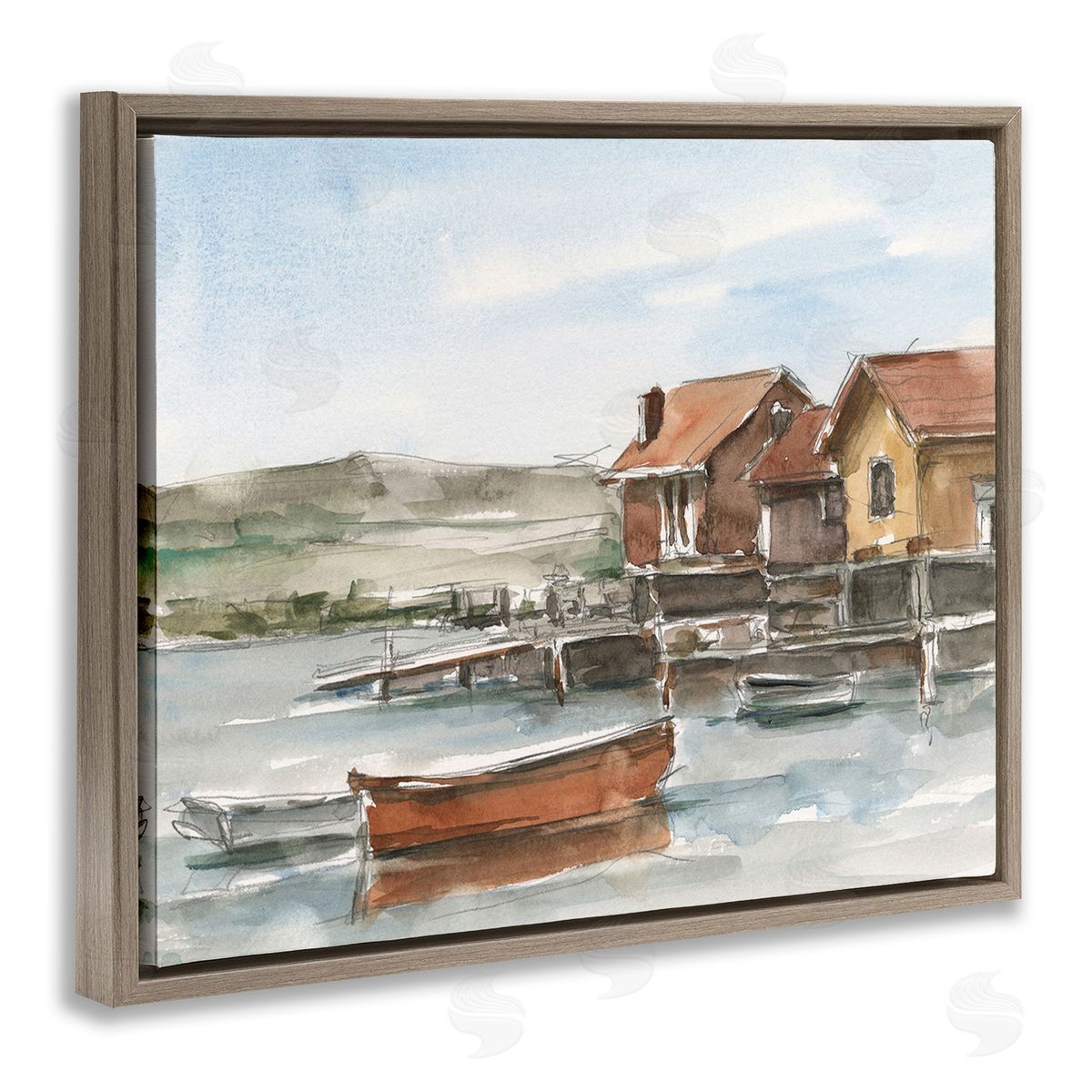 Ethan Harper Lake House Boats Brown Floating Frame Canvas Wall Art Print