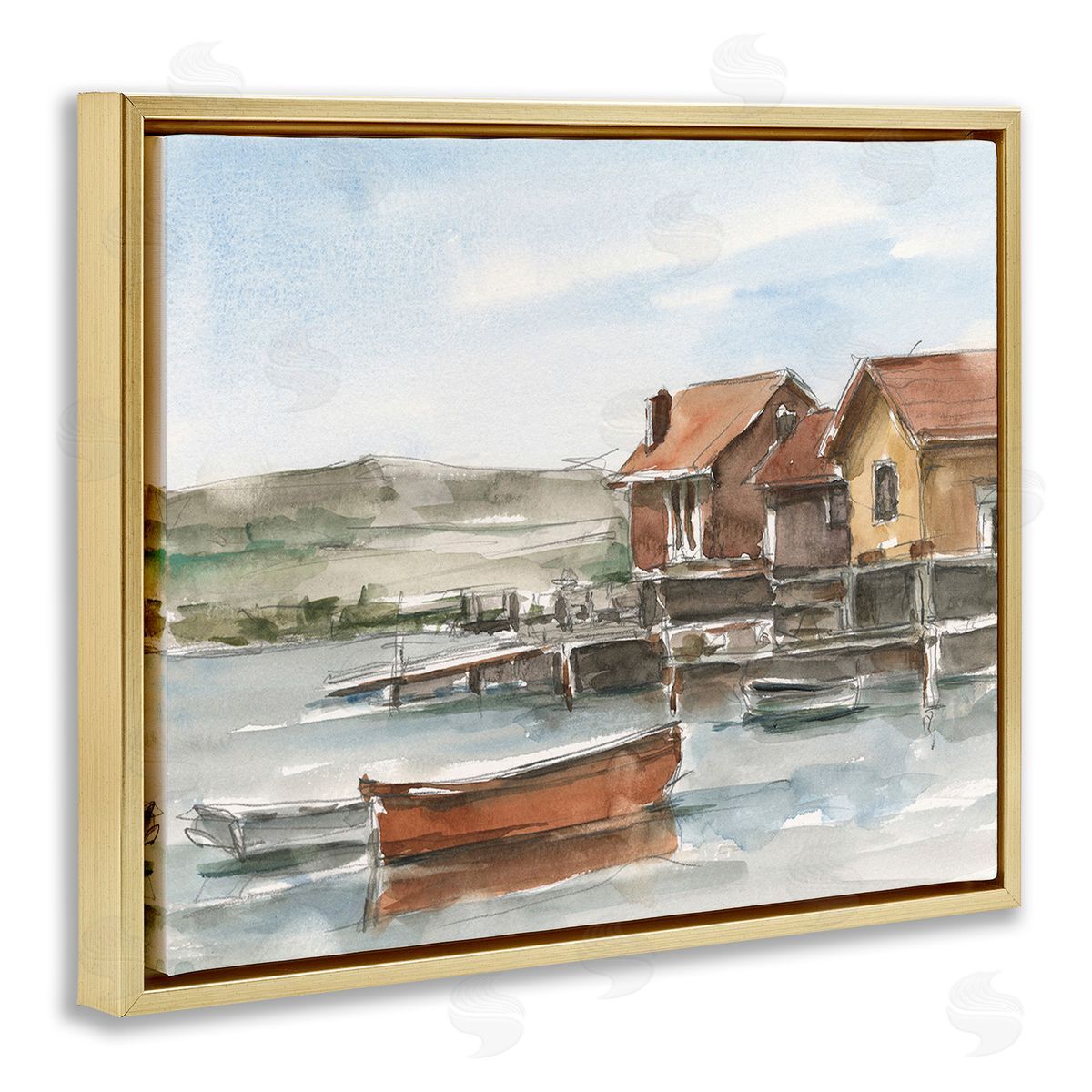 Ethan Harper Lake House Boats Gold Floating Frame Canvas Wall Art Print