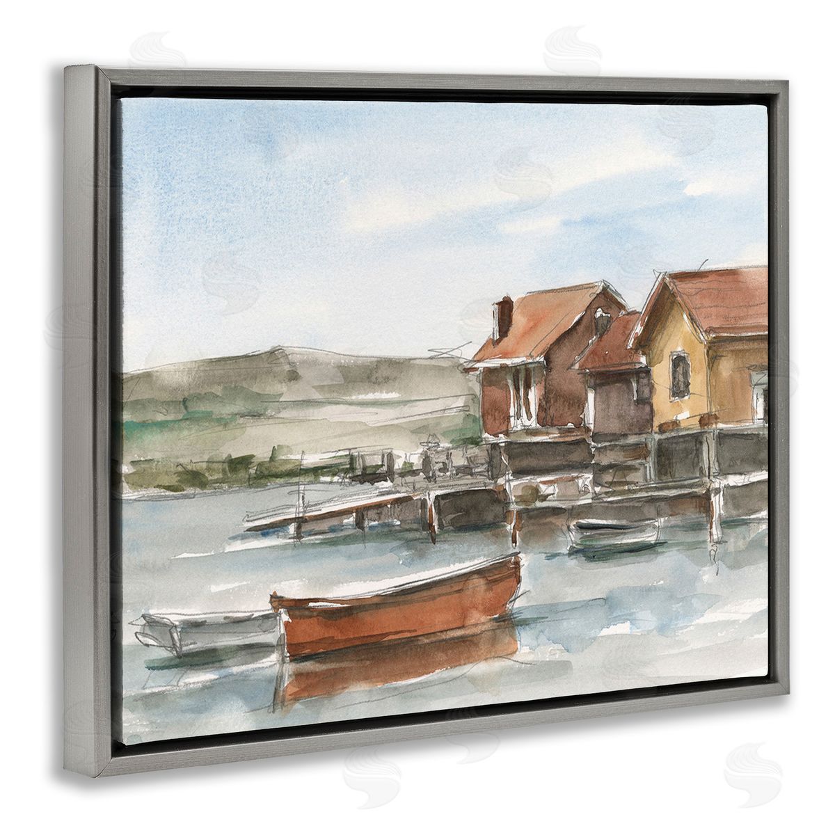 Ethan Harper Lake House Boats Gray Floating Frame Canvas Wall Art Print