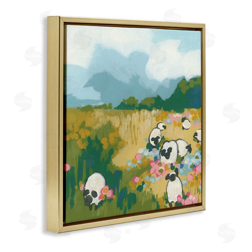 June Erica Vess Abstract Sheep & Flowers Gold Floating Frame Canvas Wall Art Print