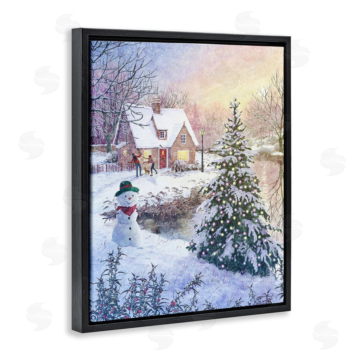 Pip Wilson Kids Playing in Snow Black Floating Frame Canvas Wall Art Print