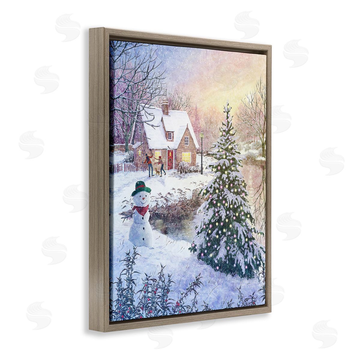 Pip Wilson Kids Playing in Snow Brown Floating Frame Canvas Wall Art Print