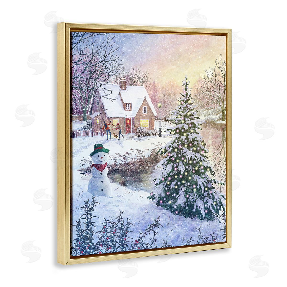 Pip Wilson Kids Playing in Snow Gold Floating Frame Canvas Wall Art Print