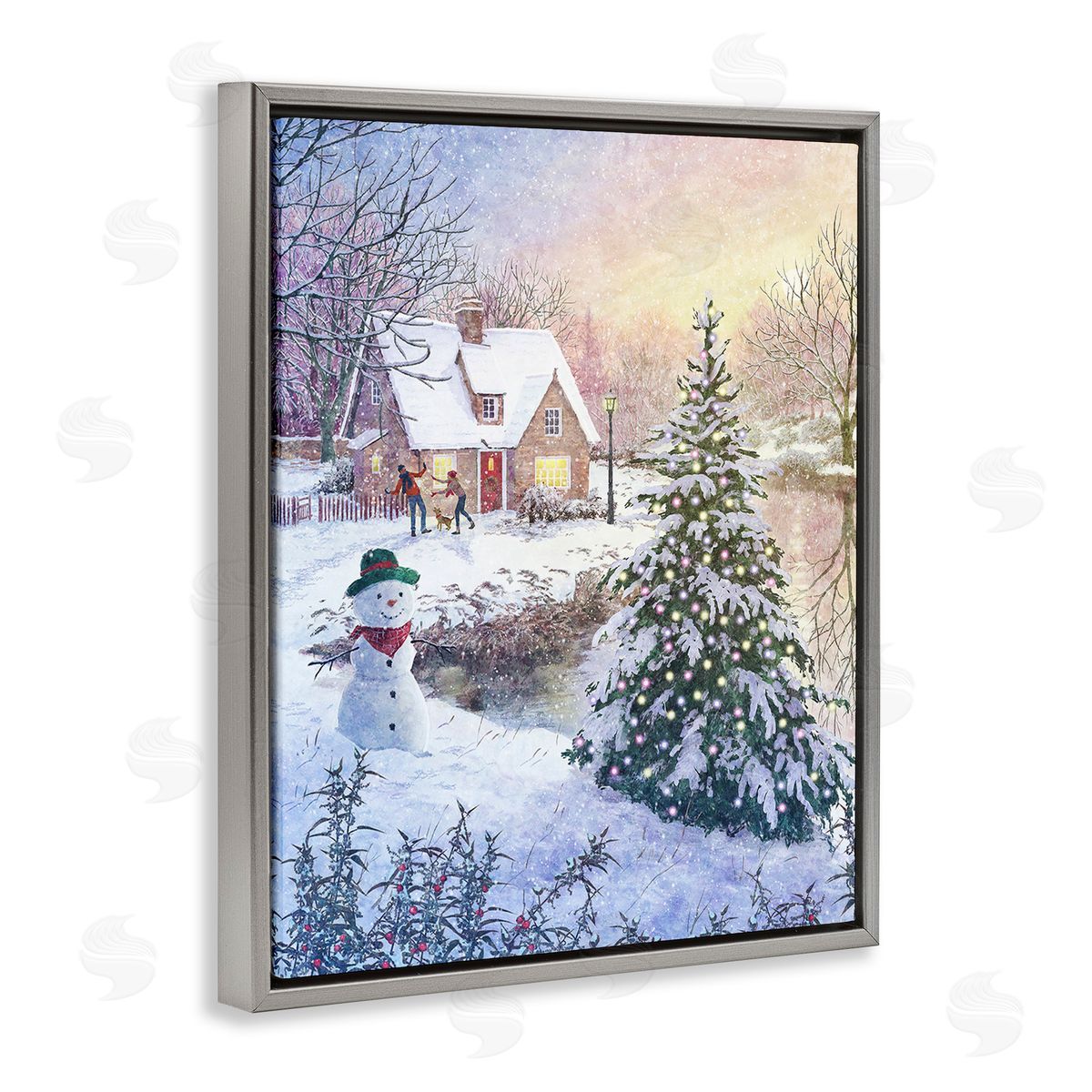 Pip Wilson Kids Playing in Snow Gray Floating Frame Canvas Wall Art Print
