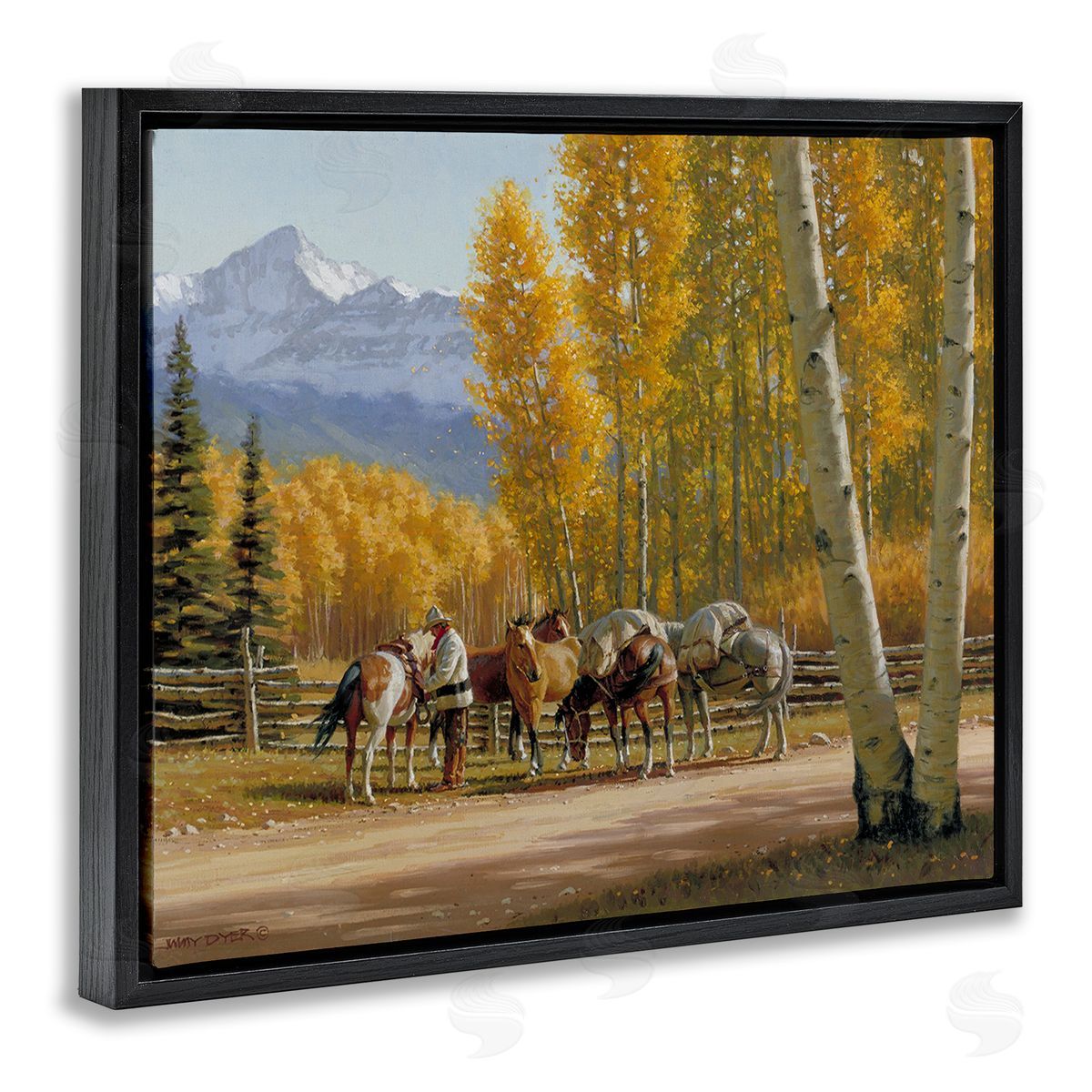 Jimmy Dyer Horses with Fall Foliage Black Floating Frame Canvas Wall Art Print