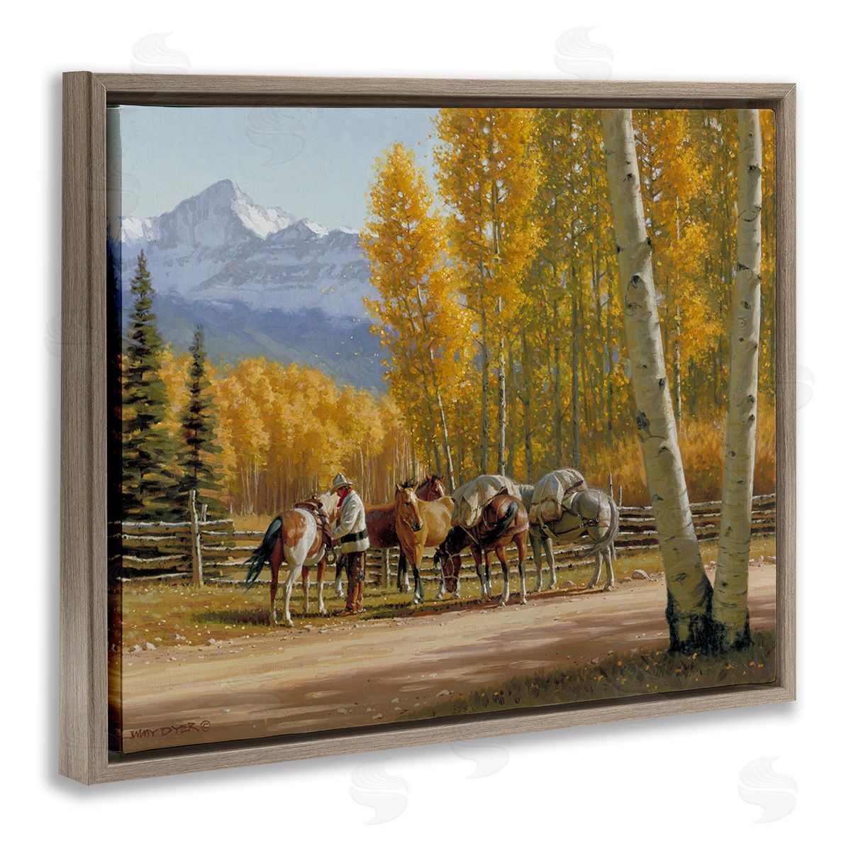 Jimmy Dyer Horses with Fall Foliage Brown Floating Frame Canvas Wall Art Print