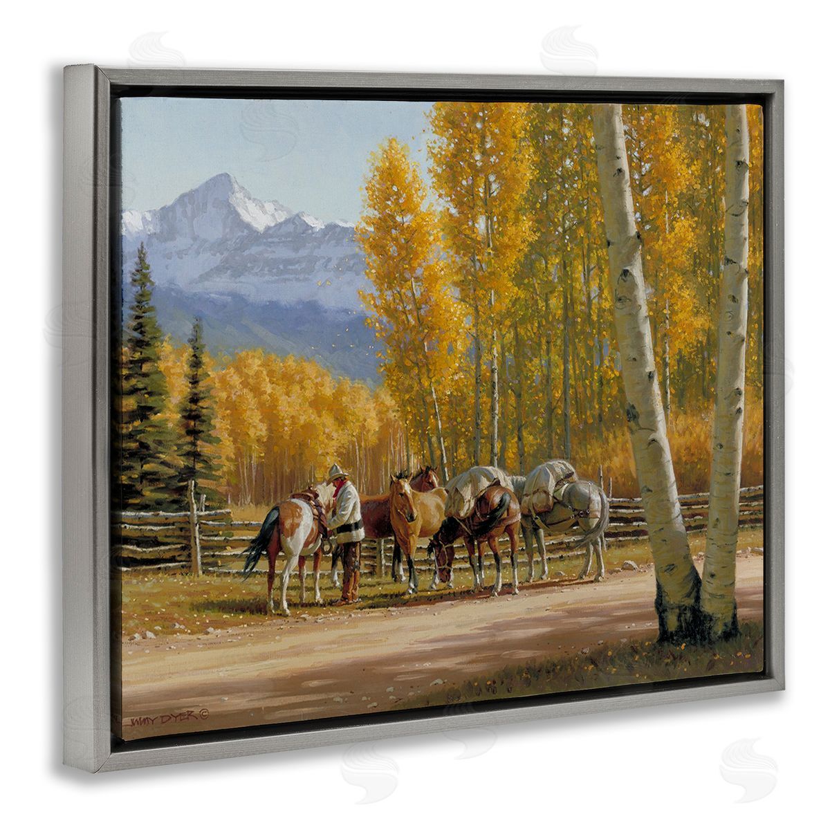 Jimmy Dyer Horses with Fall Foliage Gray Floating Frame Canvas Wall Art Print