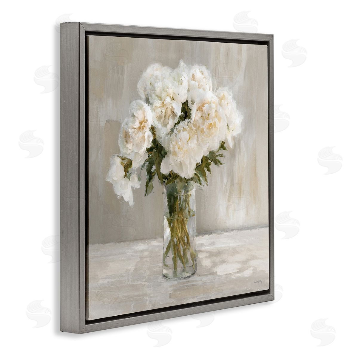 Amber Sterling Fluffy White Flowers Gray Floating Frame Canvas Wall Art Print