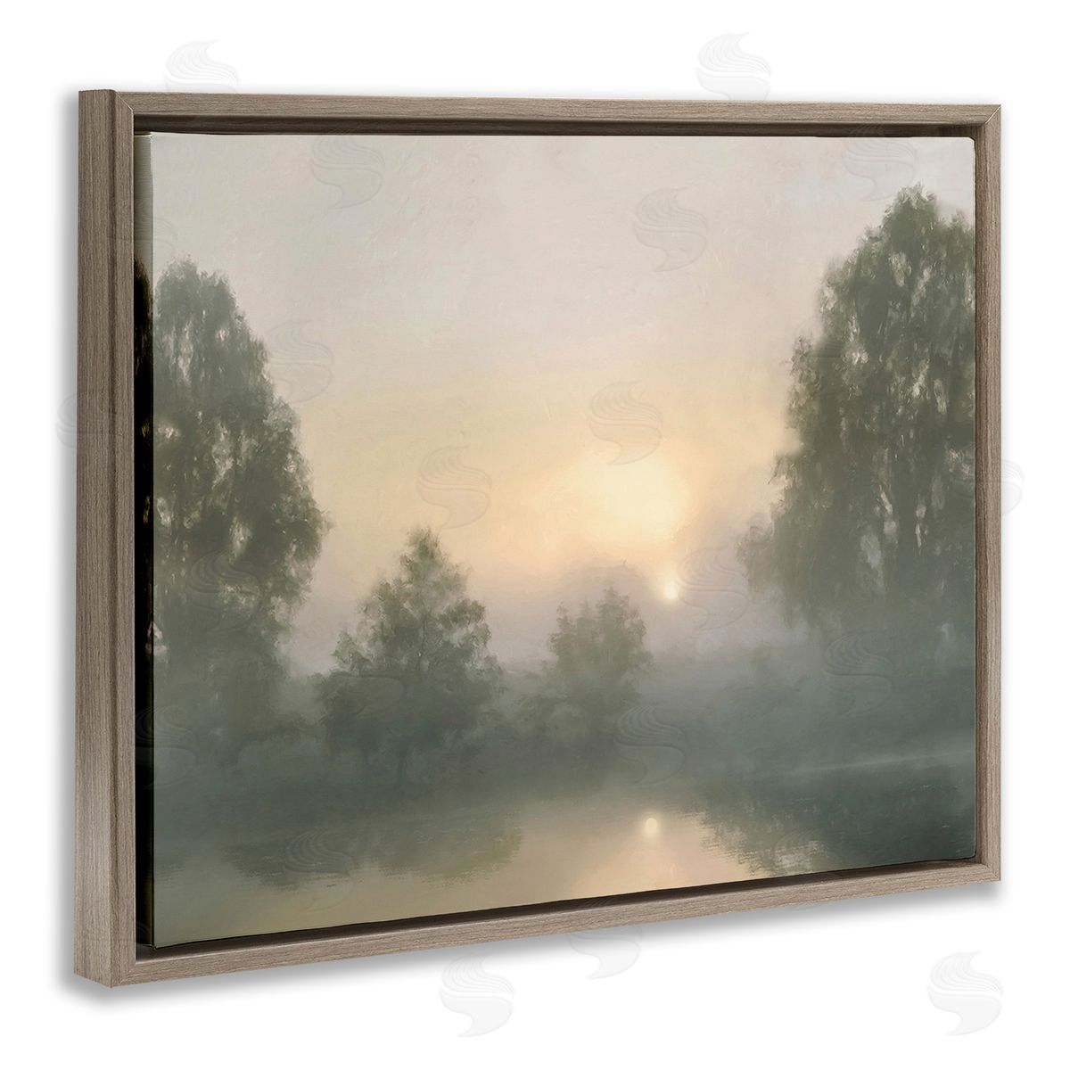 Amber Sterling Misty Pond Reflection Brown Floating Frame Canvas Wall Art Print