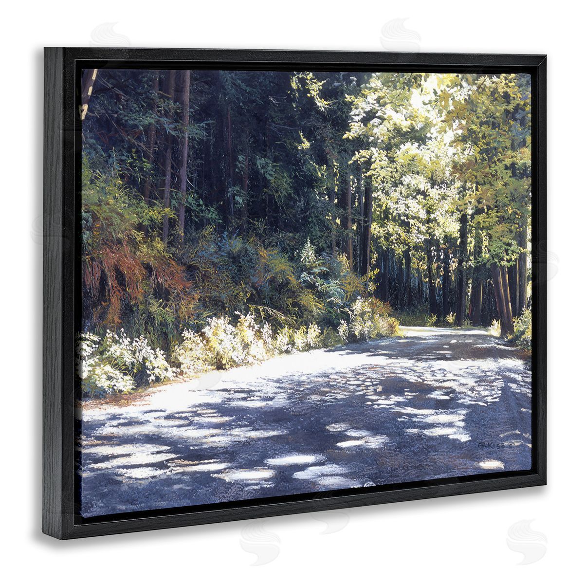 Andrew Kiss Sunlit Woodland Road Black Floating Frame Canvas Wall Art Print