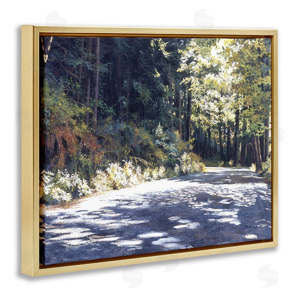 Andrew Kiss Sunlit Woodland Road Gold Floating Frame Canvas Wall Art Print