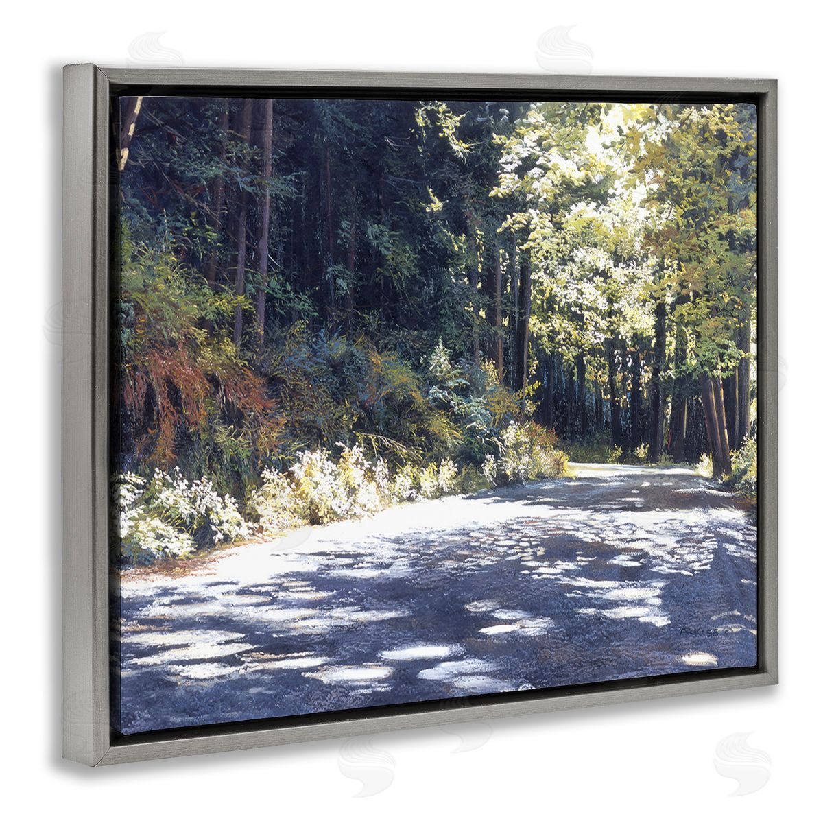 Andrew Kiss Sunlit Woodland Road Gray Floating Frame Canvas Wall Art Print