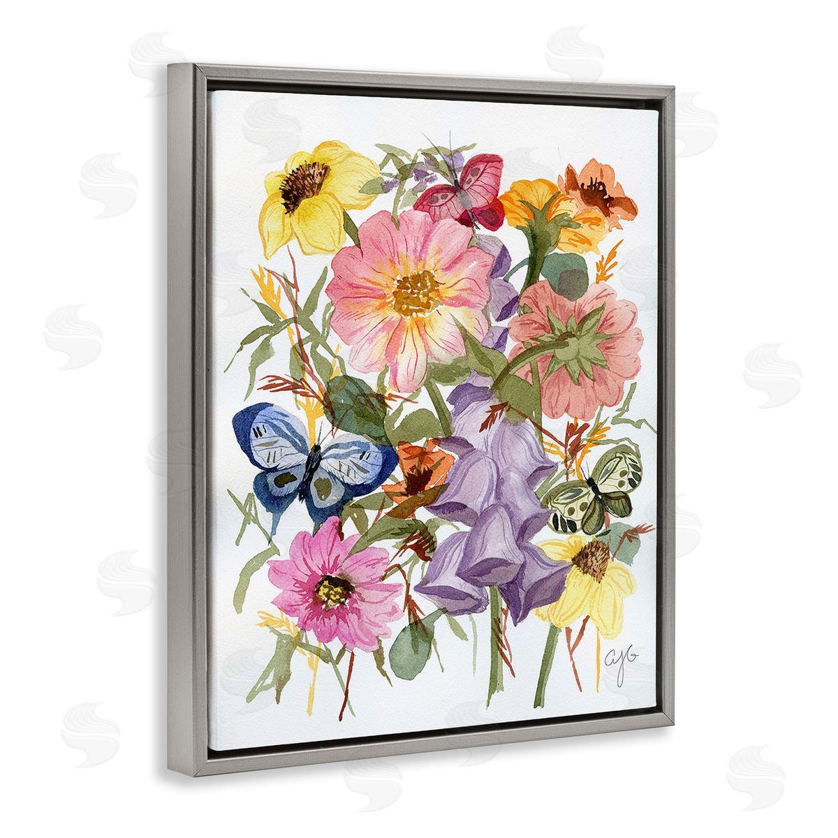 Alexandria Gilbert Kincaid Mixed Florals & Butterflies Gray Floating Frame Canvas Wall Art Print
