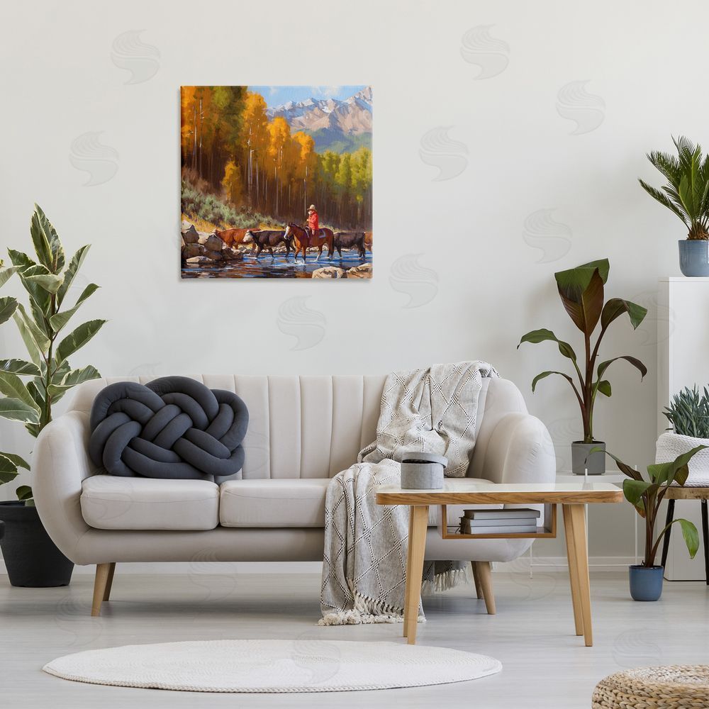 Jimmy Dyer Herding Cattle Through Stream Canvas Wall Art Print in Room