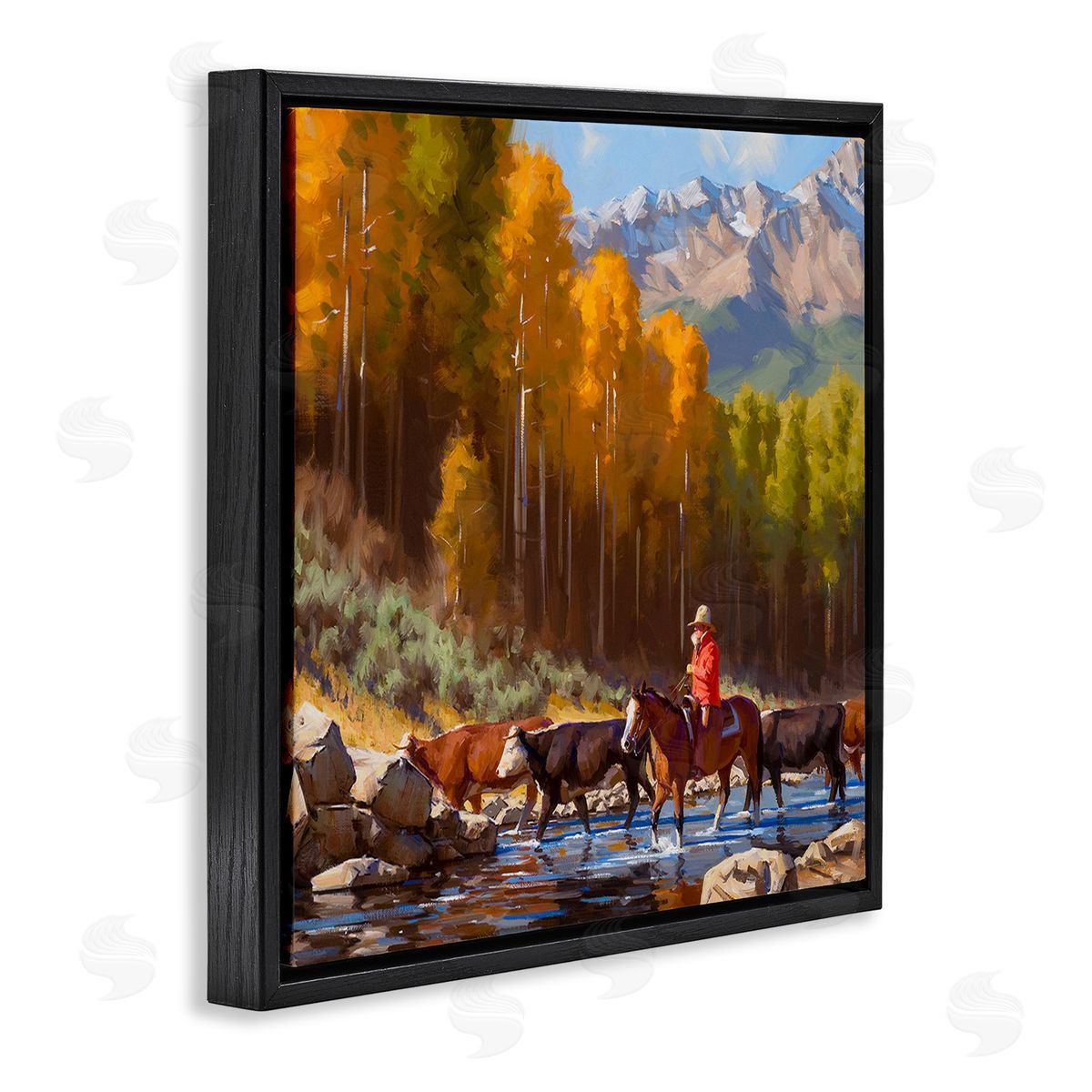 Jimmy Dyer Herding Cattle Through Stream Black Floating Frame Canvas Wall Art Print