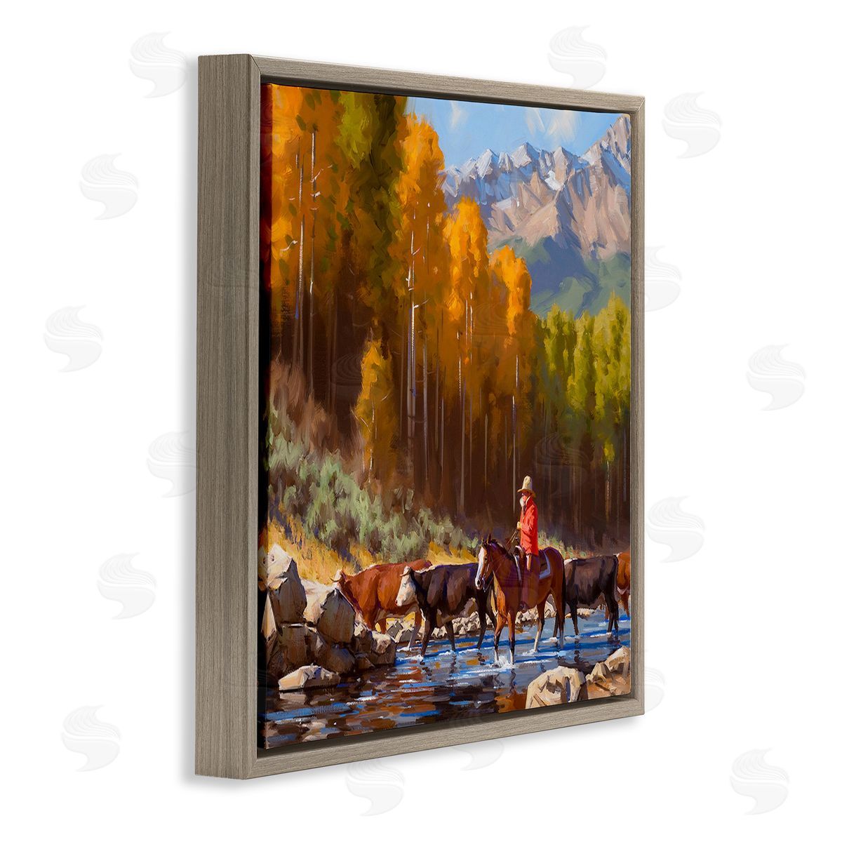 Jimmy Dyer Herding Cattle Through Stream Brown Floating Frame Canvas Wall Art Print