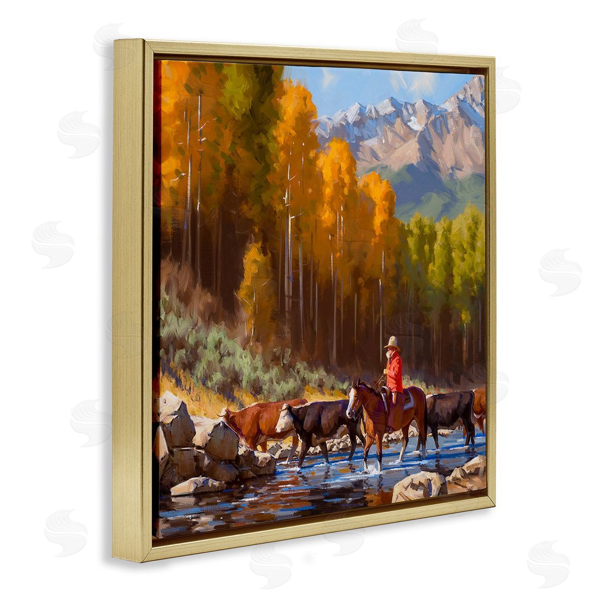 Jimmy Dyer Herding Cattle Through Stream Gold Floating Frame Canvas Wall Art Print