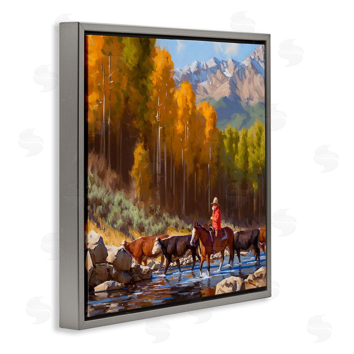 Jimmy Dyer Herding Cattle Through Stream Gray Floating Frame Canvas Wall Art Print