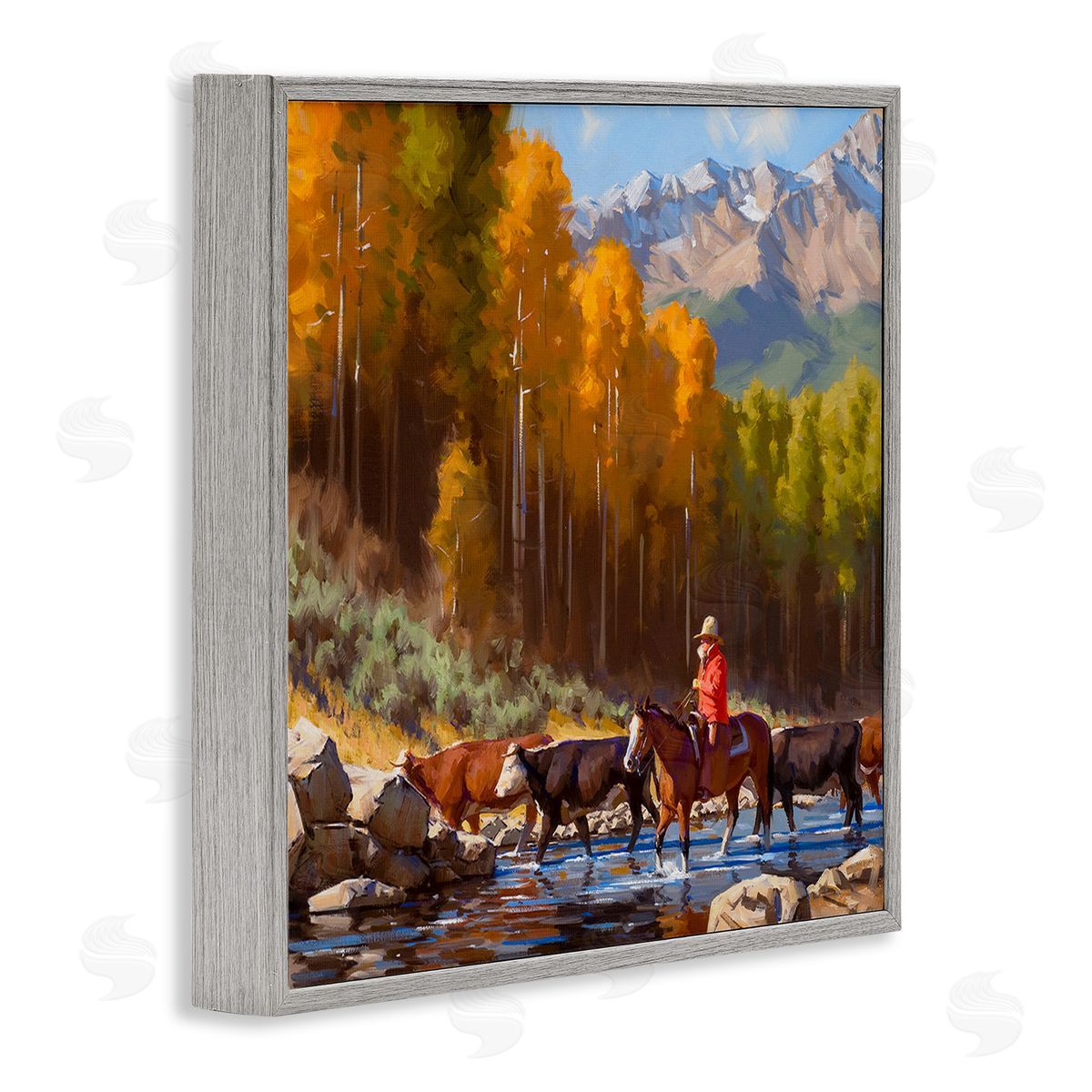 Jimmy Dyer Herding Cattle Through Stream Gray Framed Giclee Wall Art Print