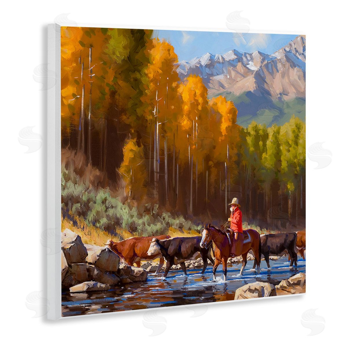 Jimmy Dyer Herding Cattle Through Stream Wooden Wall Plaque Art Print
